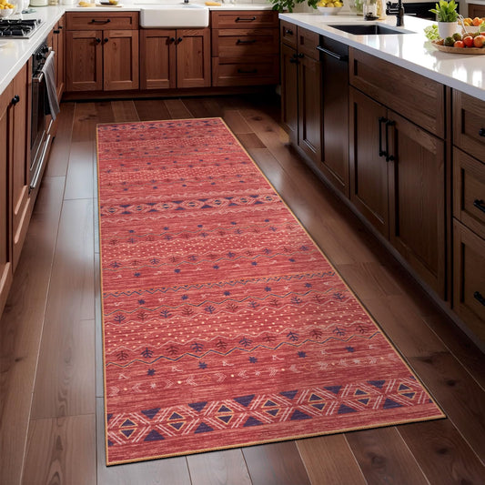 SERISSA 2x5 Kitchen Runner Rug, Washable Non-Slip Red Ochre Boho Rug, Soft Low-Pile Geometric Indoor Carpet for Hallway Laundry Room Bathroom Bedroom Entryway