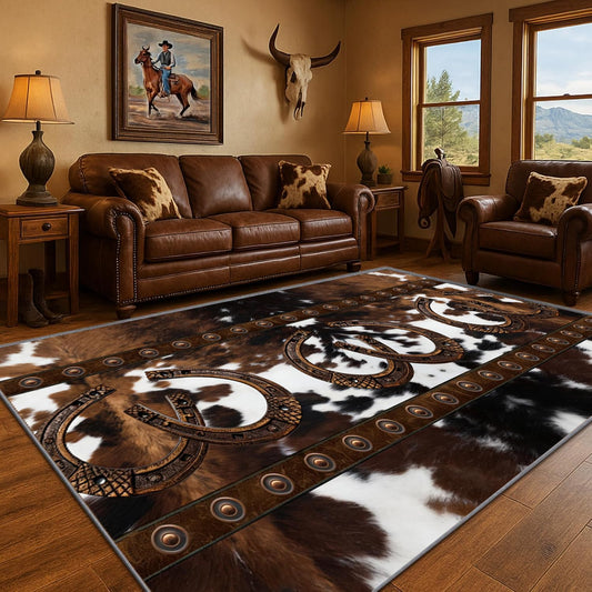 LGGLOVELIN Area Rug Western Style - 5x8ft Non-Slip Mat Washable Durable Rug, Vintage Tribes Cowhide Print Rugs, with Horseshoe Decor Carpet for Southwest Farmhouse Living Room Bedroom