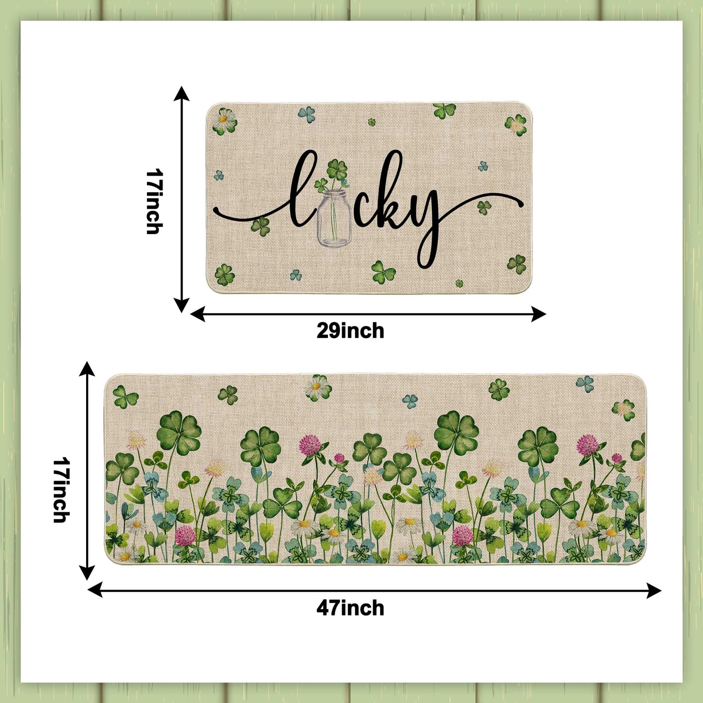 Printspree Lucky Clover Kitchen Rugs Set of 2, Shamrock and Floral Design for Kitchens, Doorways, and St. Patrick's Day Decor, Non-Slip Rubber Backing Floor Mats, 17x29 and 17x47 Inch