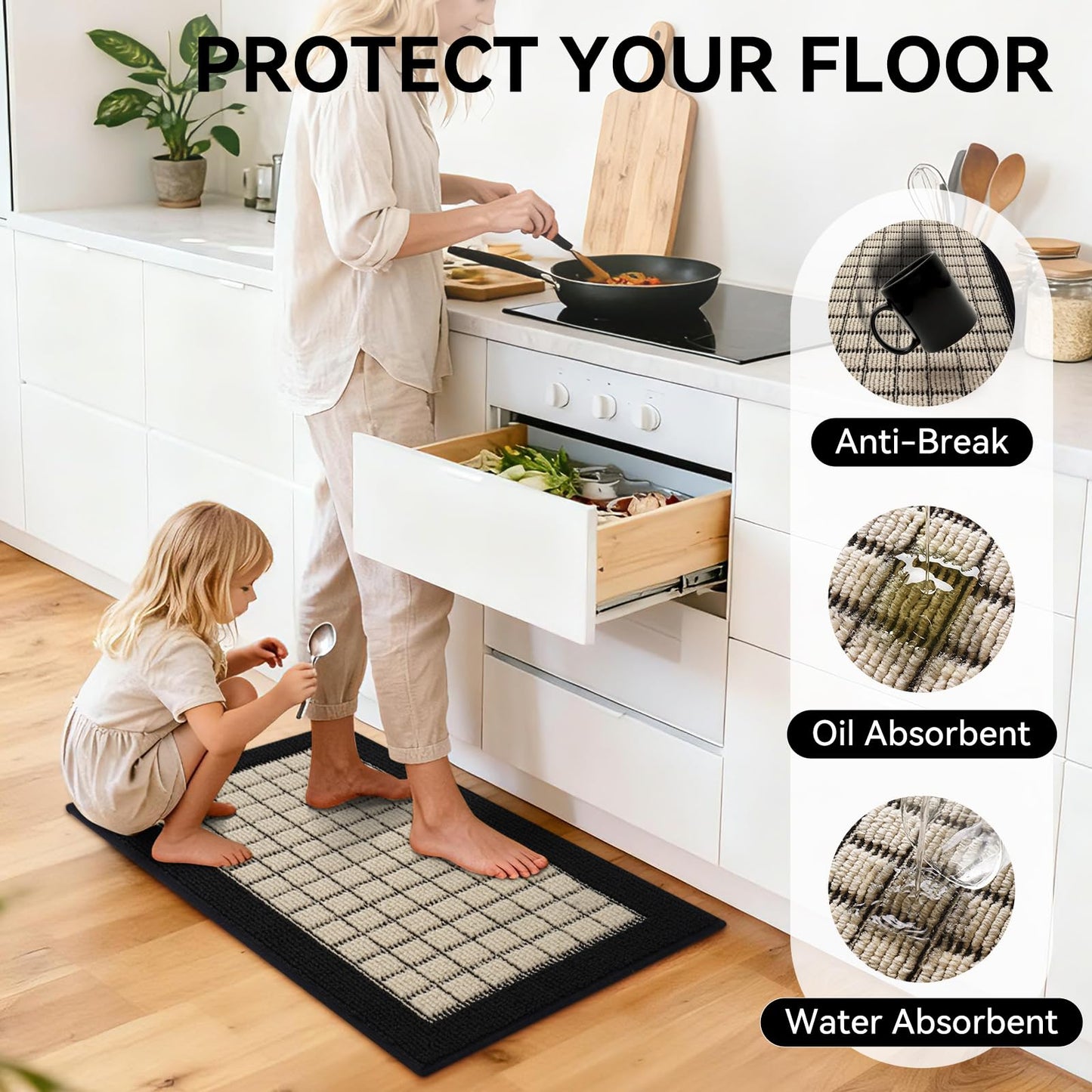 QiCaiJia Kitchen Mats for Floor 17"x30", Non-Slip Washable Kitchen Rugs, Absorbent and Stain Resistant Kitchen Rug, Durable Comfortable Rugs for Kitchen, Hallway, Laundry & Sink, Black