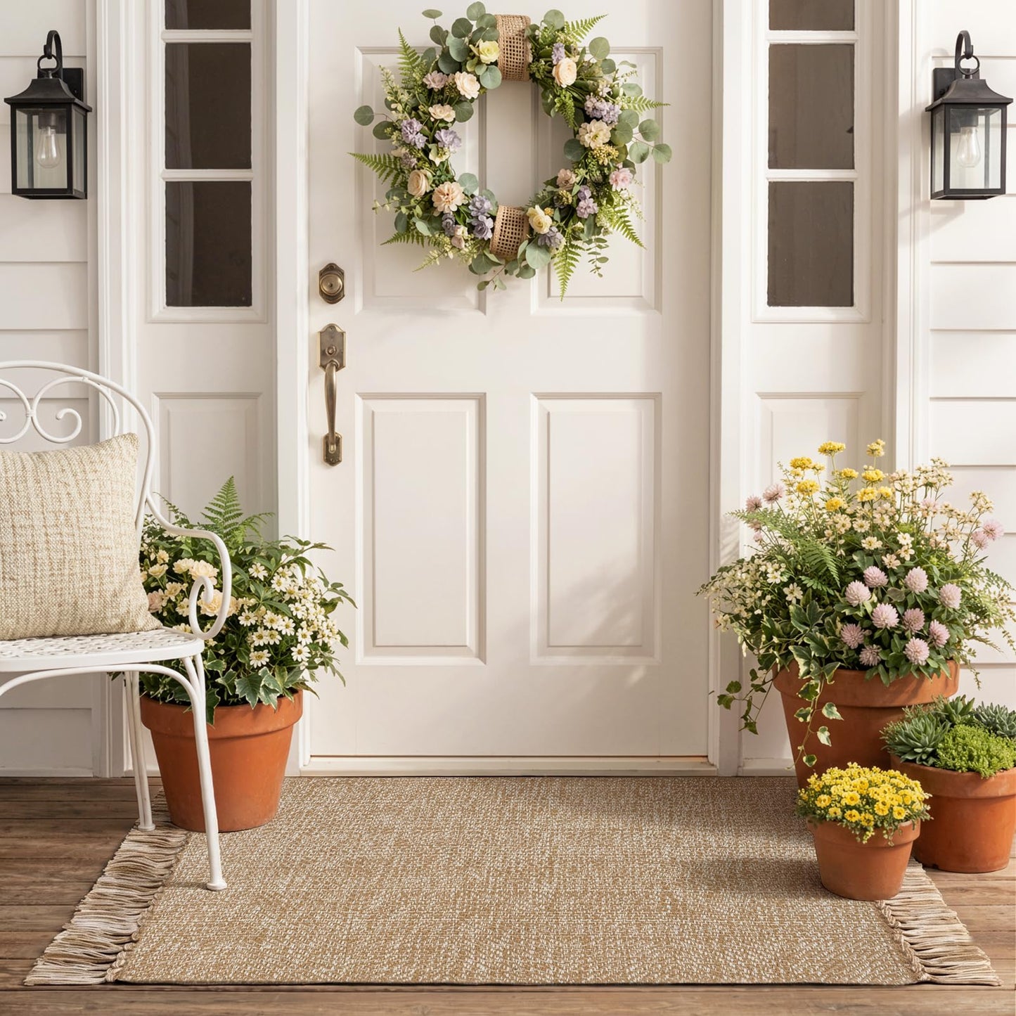 Collive 2' x 4.3' Indoor Outdoor Rug, Modern Farmhouse Kitchen Runner Rugs Hand-Woven Bathroom Mat, Tan Boho Washable Front Door Mats Reversible Entry Carpet for Laundry Bedroom Porch Decor