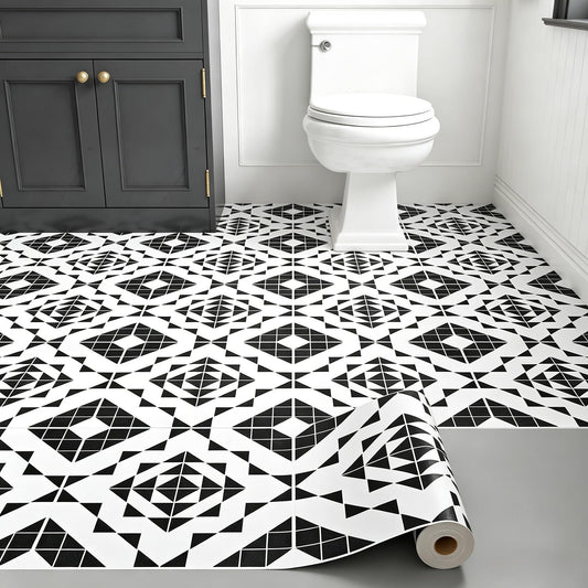 LaCheery 12x177 Vinyl Flooring Roll Waterproof Black and White Floor Tiles Peel and Stick Waterproof Bathroom Floor Tile Peel and Stick Flooring Tiles Renter Friendly Tile Stickers for Kitchen Garage