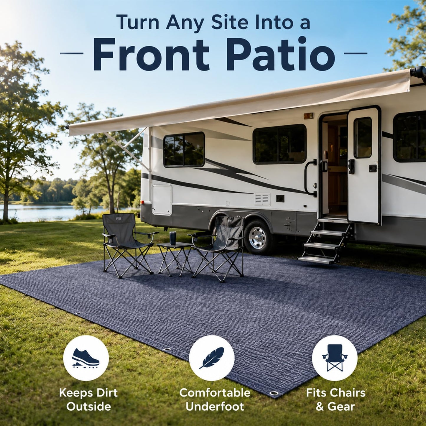 xihakey RV Outdoor Mat 10x10 FT Reversible HDPE Camping Mat - Blue-Gray