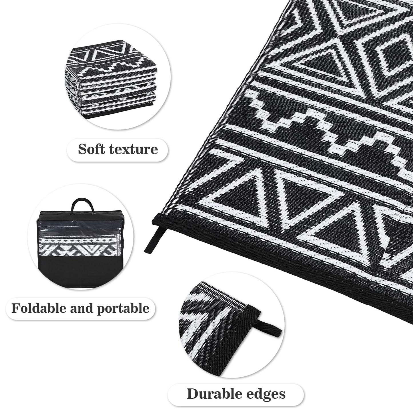 GAOMON Outdoor Plastic Straw Rug, 10'x14' Reversible Sage Green Patio Mat, Flower Modern Design for RV, Backyard, Deck, Camping, Picnic, Black/White(Bohemia)