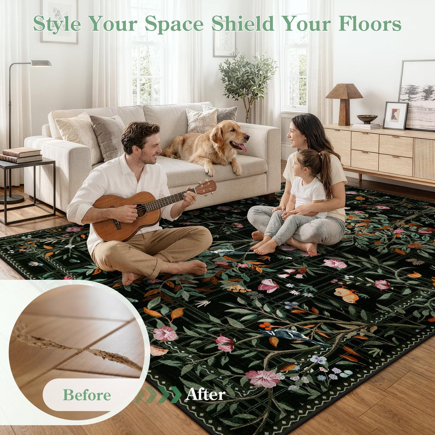 Morebes Floral Washable Rug Runners for Hallways Non Slip, Flower Kitchen Runner Rug 2x6, Boho Botanical Ultra-Thin Soft Floor Carpet for Bathroom Entryway Laundry Room, Black