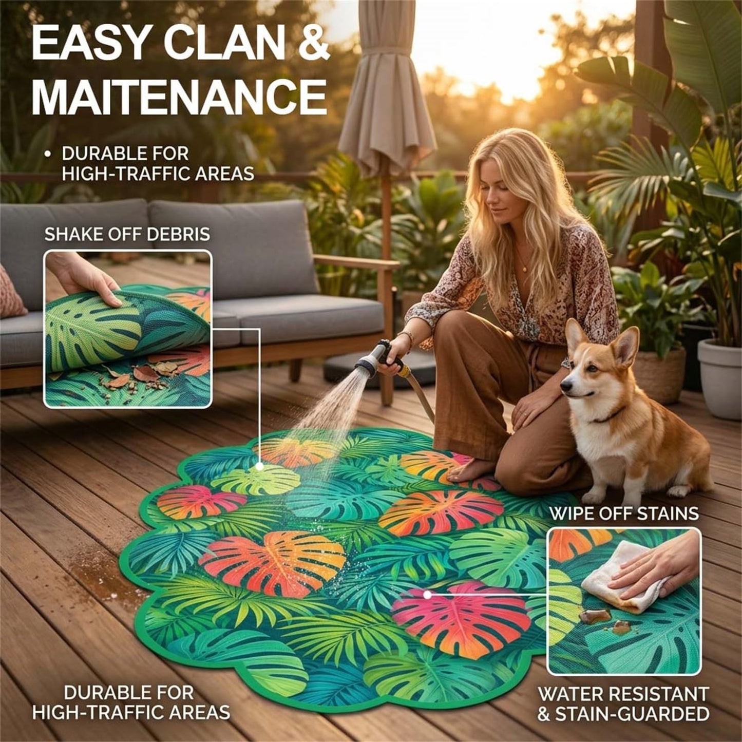 Monstera Palm Leaf 2x3 Outdoor Waterproof Area Rug for Porch Patio Deck Camping Teal Tropical Plant Scalloped Irregular Shaped Rugs Non Slip Thin Washable Veranda Front Yard Foyer Carpet Outside Mat