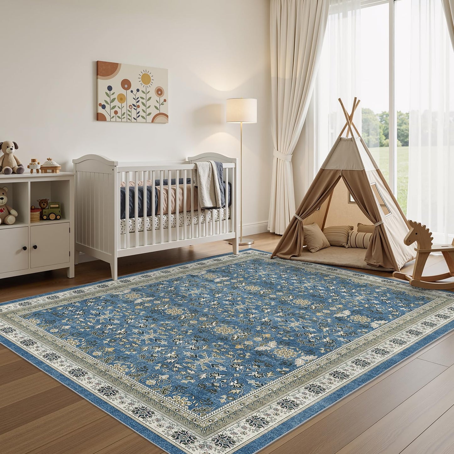 WITSHOCK Living Room Rug 8x10: Vintage Distressed Oushak Boho Farmhouse Retro Antique, Dining Room Rugs for Under Table, Bedroom Nursery Playroom, Ultra Soft Non-Slip Washable Stain Resistance, Blue