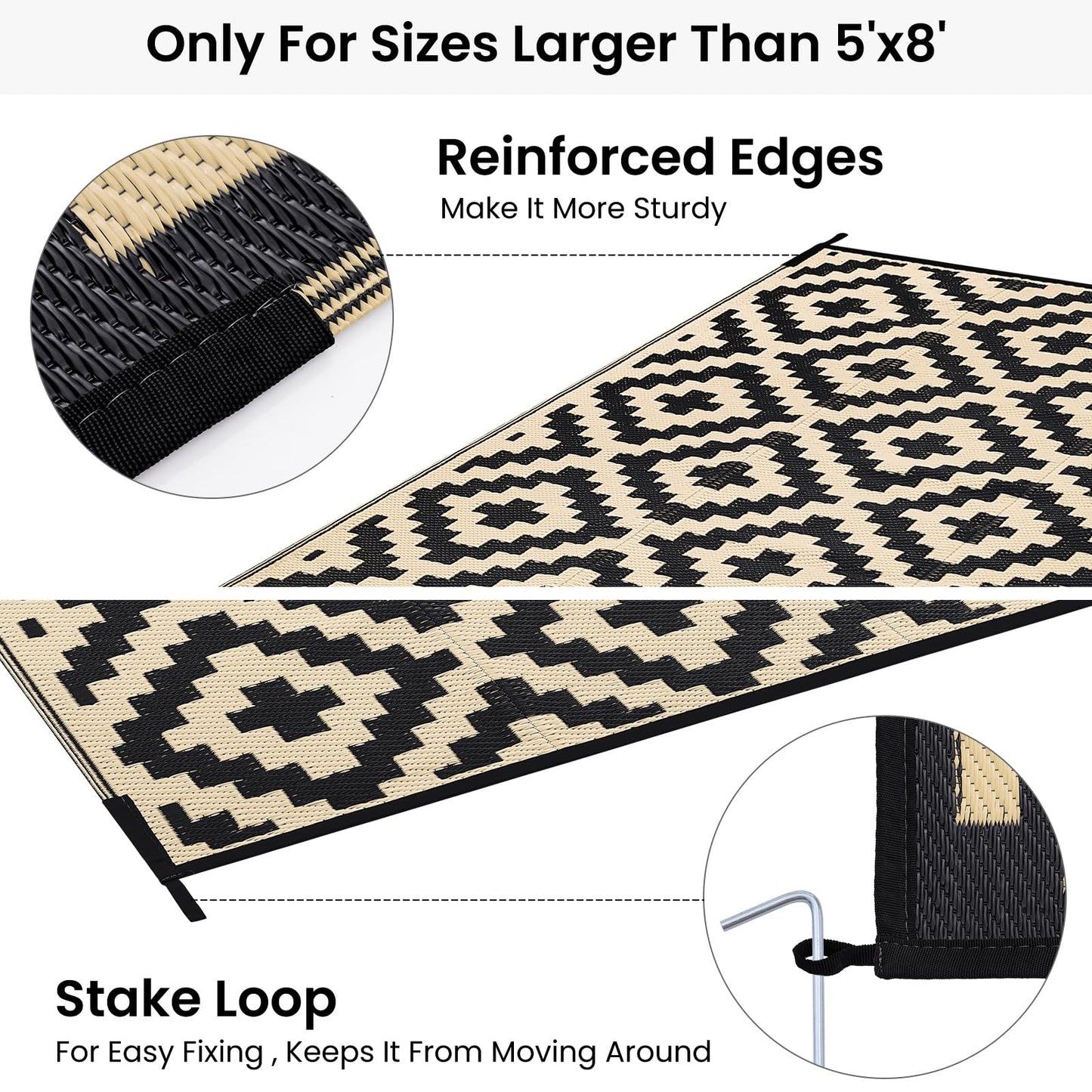 Smiry Waterproof Outdoor Rug 8x10 ft, Reversible Plastic Straw Patio Camping Rugs, Outdoor Indoor RV Mat Carpet for Patio, Outside Entry, Backyard, Deck, Bench, Picnic, Camper, Black & Beige