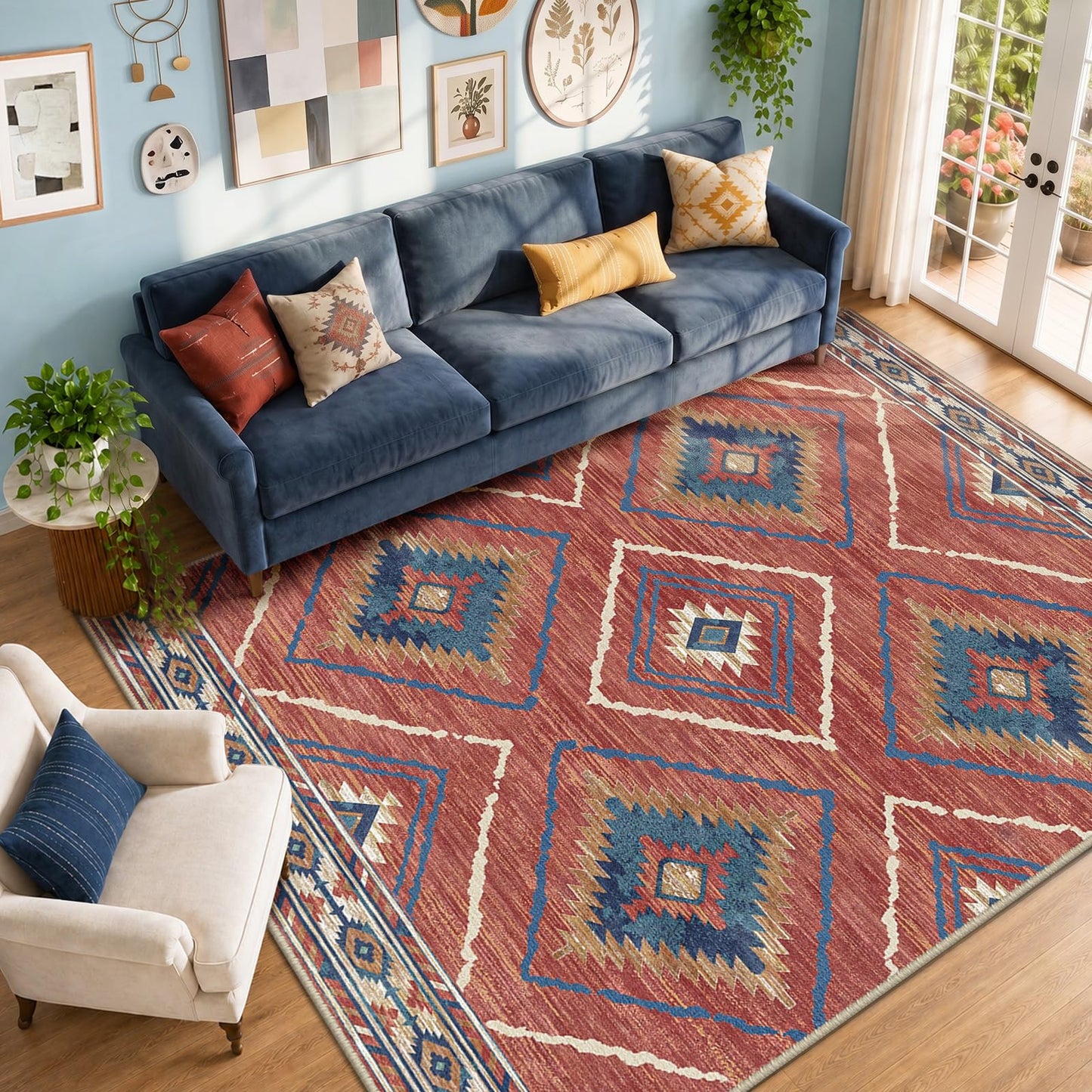 BESTSWEETIE Area Rug 8x10 Machine Washable Non-Slip Low Pile Tribal Western Rug for Living Room Bedroom Entryway - Red/Orange