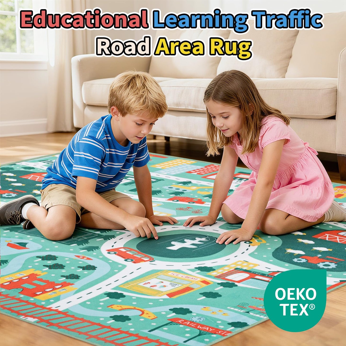 UKISS Educational Play Rug，55"x55" Traffic Road Kids Car Mat,Non-Slip Washable City Kids Play Mat,Area Rug Kid Carpet for Playroom Living Room Nursery Room Decor,Green
