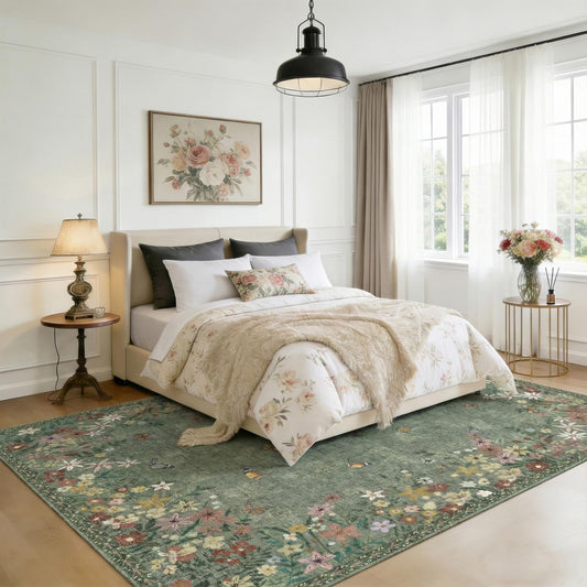 Floral 5x7 Green Area Rug Machine Washable Soft Print Boho Carpet Non Slip Rugs Low Pile Flower Area Rugs for Living Room Bedroom Nursery Kitchen Dining Room Indoor-Green