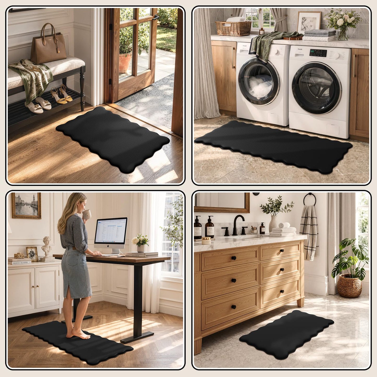 KIMODE Scalloped Kitchen Mats for Floor Cushioned Anti Fatigue,Wavy Kitchen Sink Rugs Sets of 2 Non Slip,Comfort Memory Foam Kitchen Floor Mat Carpet for Office Laundry,Black