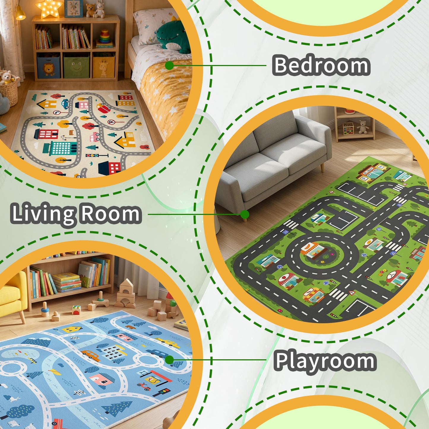 Enkor Kids Rugs, Non Slip 3' x 5' Road Playmat Carpet for Children, City Map Rugs for Playroom Bedroom Living Room Green