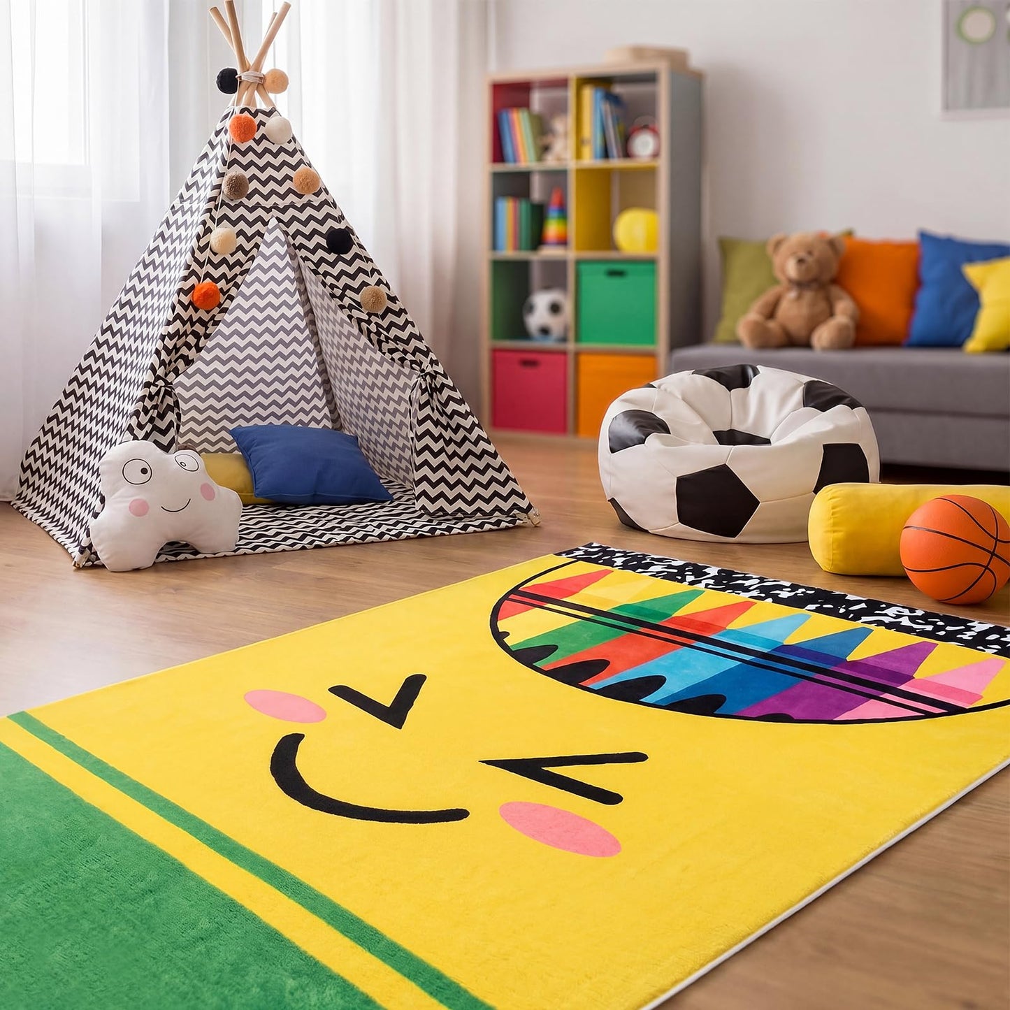 Breling 4 x 6 ft Crayon Carpet Rug Classroom Decor Educational Area Rug Soft Faux Wool Floor Mat Non Slip Cushion Welcome for Back to School Teacher Party Gift Learning Play Read Corner