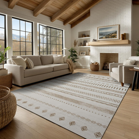Washable 6x9 Area Rug for Living Room, Boho Carpet for Bedroom Dining Room, Non Slip&Non-Shedding Resistant Low Pile Vintage Print Rug for Home Office (Beige)