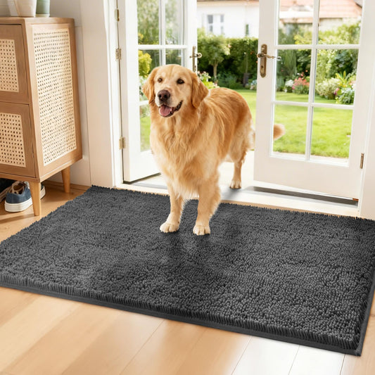 Naturei Chenille Absorbent Front Door Mat 60" x 36", Dog Door Mat for Muddy Paws, Trap Dirt Doormat, Mud Mat for Dogs, Washable Non Slip Outdoor Indoor Doormats for Entryway, Grey