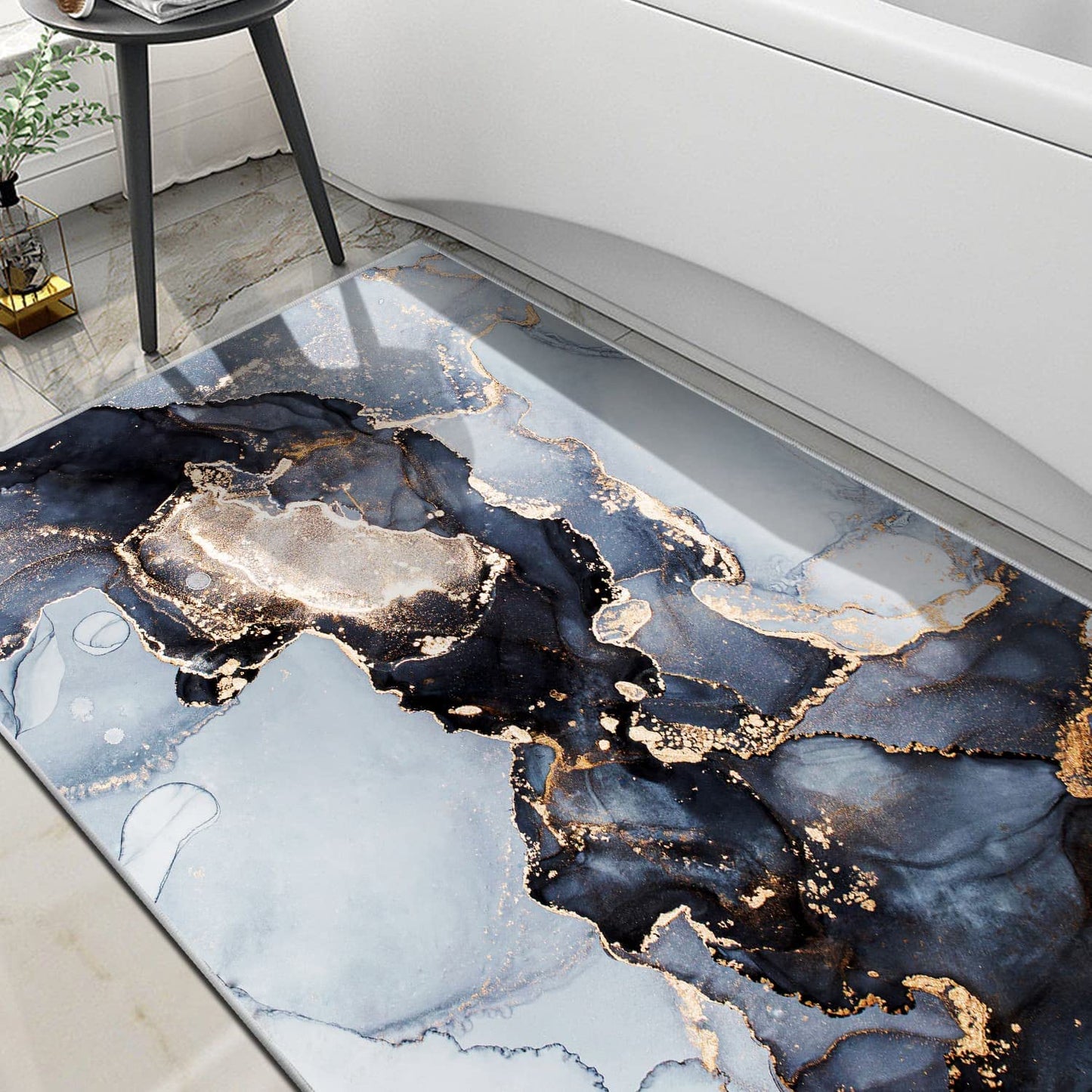Modern Abstract Collection Area Rug - 3' x 5' Washable Entryway Rug Non-Slip Luxury Marble Texture Area Rug for Bedroom Dining Room Home Office Decor Under Kitchen (Blue/Gold)