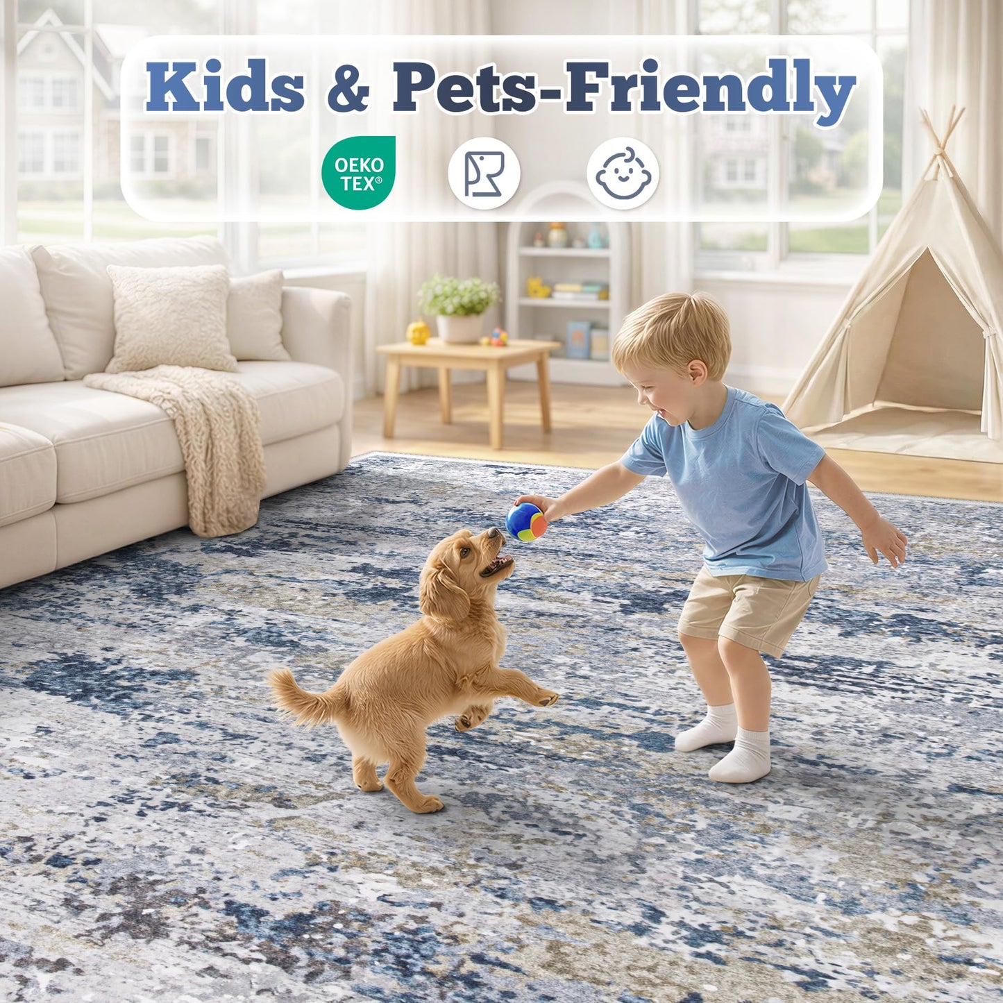6x9 Area Rugs for Living Room: Washable Abstract Neutral Rug Modern Soft Non Slip Low Pile Rugs Floor Indoor Stain Resistant Carpet for Bedroom Dining Room Nursery Home Office (Blue, 6'x9')