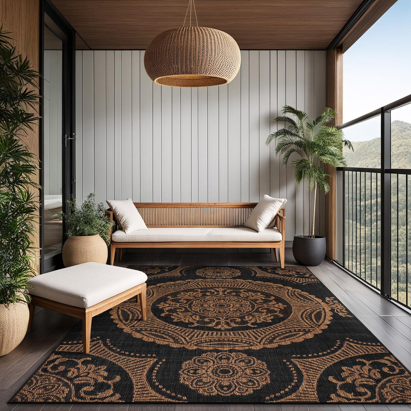 Luul Home Medallion Outdoor Rug 5x7 Washable Outside Carpet for Indoor Patio Porch Waterproof Easy Cleaning Non Shedding Area Rugs Nut Brown 5 x 7