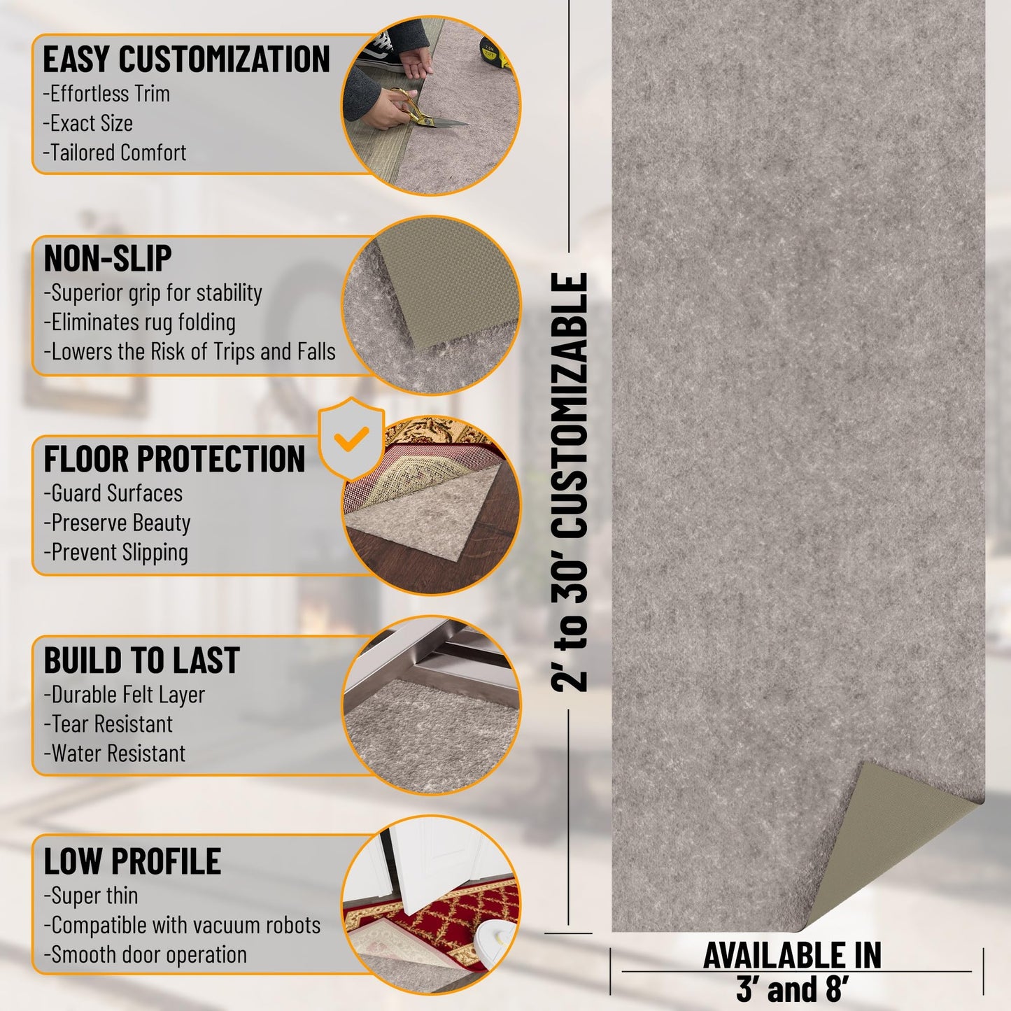 Ottomanson 3' x 7' Non-Slip Rug Pad Gripper 1/4 Inch Thick Dual Surface Felt + Rubber Gripper - Safe for All Floors, Brown