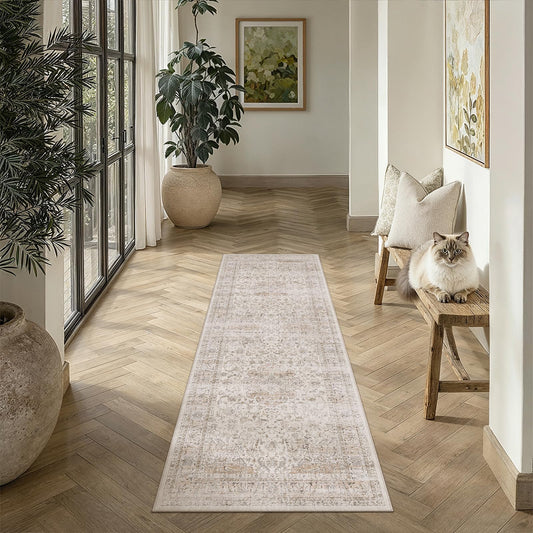 WondRg 2x6 Washable Runner Rug Beige Vintage Non Slip Soft Low Pile Hallway Kitchen Rug Distressed Oriental Carpet for Laundry Bathroom Bedroom Living Room Home Decor