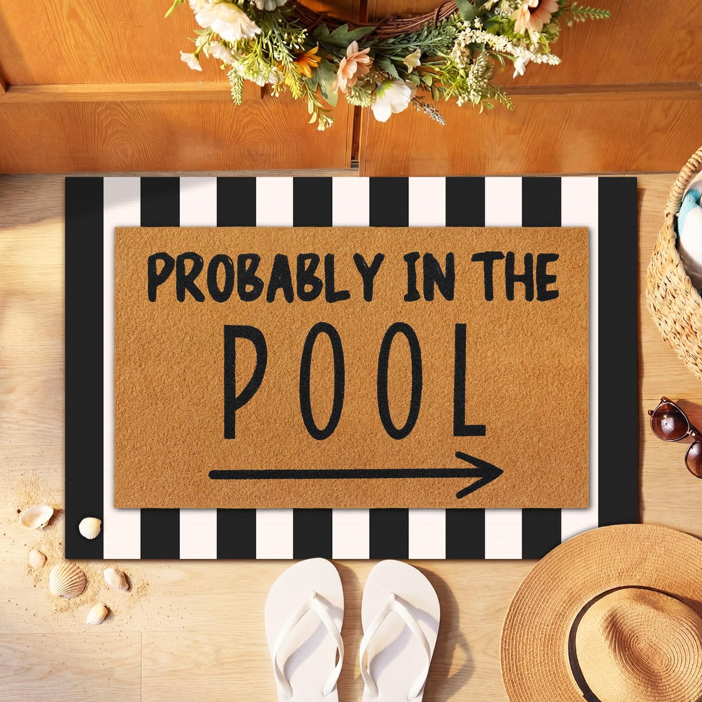Tinideya 2 Pcs Summer Door Mat Probably in the Pool Welcome Non Slip Coir Mats Floor Layering Black and White Strips Doormats Seasonal for Front Porch Entryway Decor(Pool)