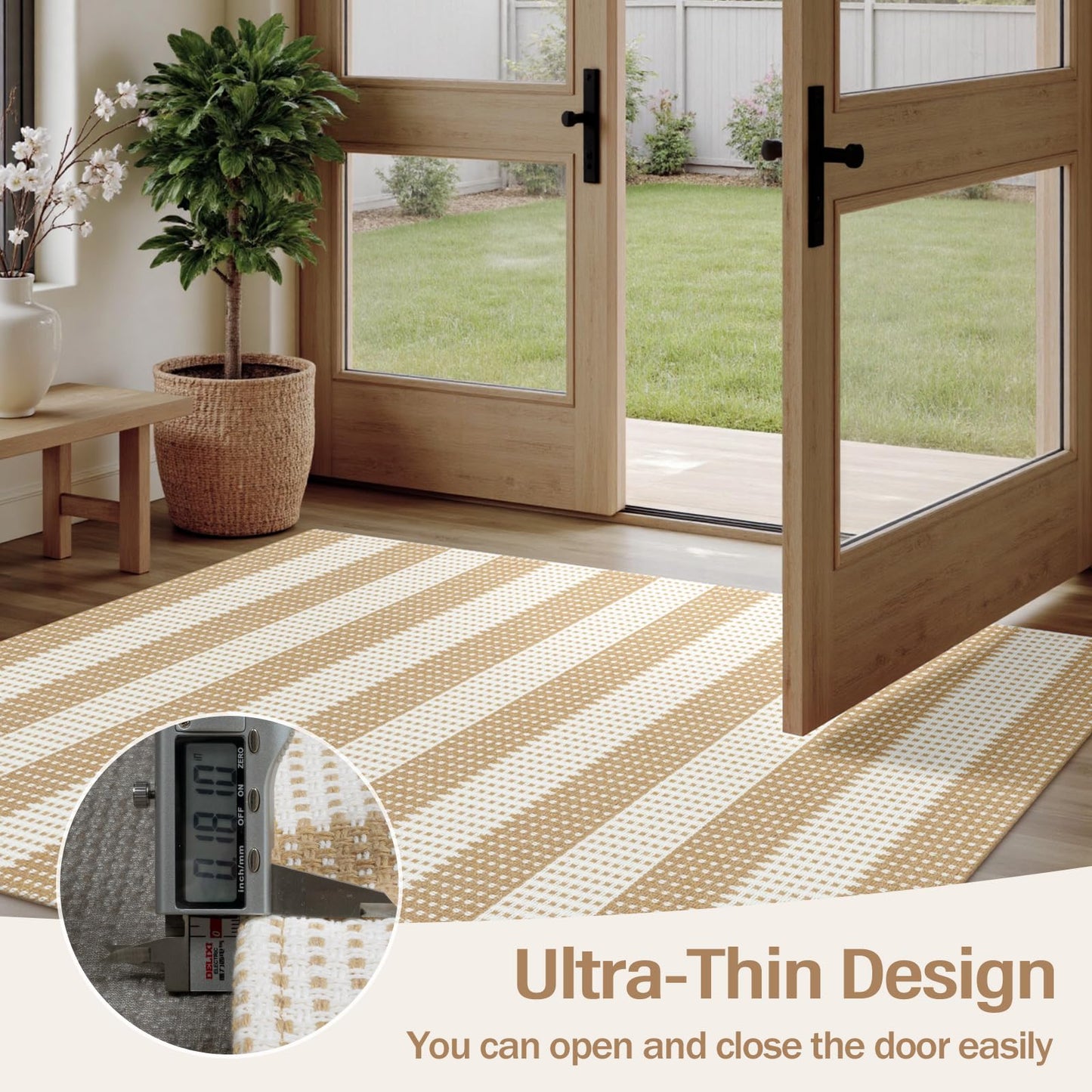 Rugalia Washable Woven Indoor Outdoor Doormat, 2x3 Khaki Cotton Striped Entryway Rug Low Pile Non-Slip Small Kitchen Rug, Modern Farmhouse Throw Carpet for Porch Bathroom Bedroom