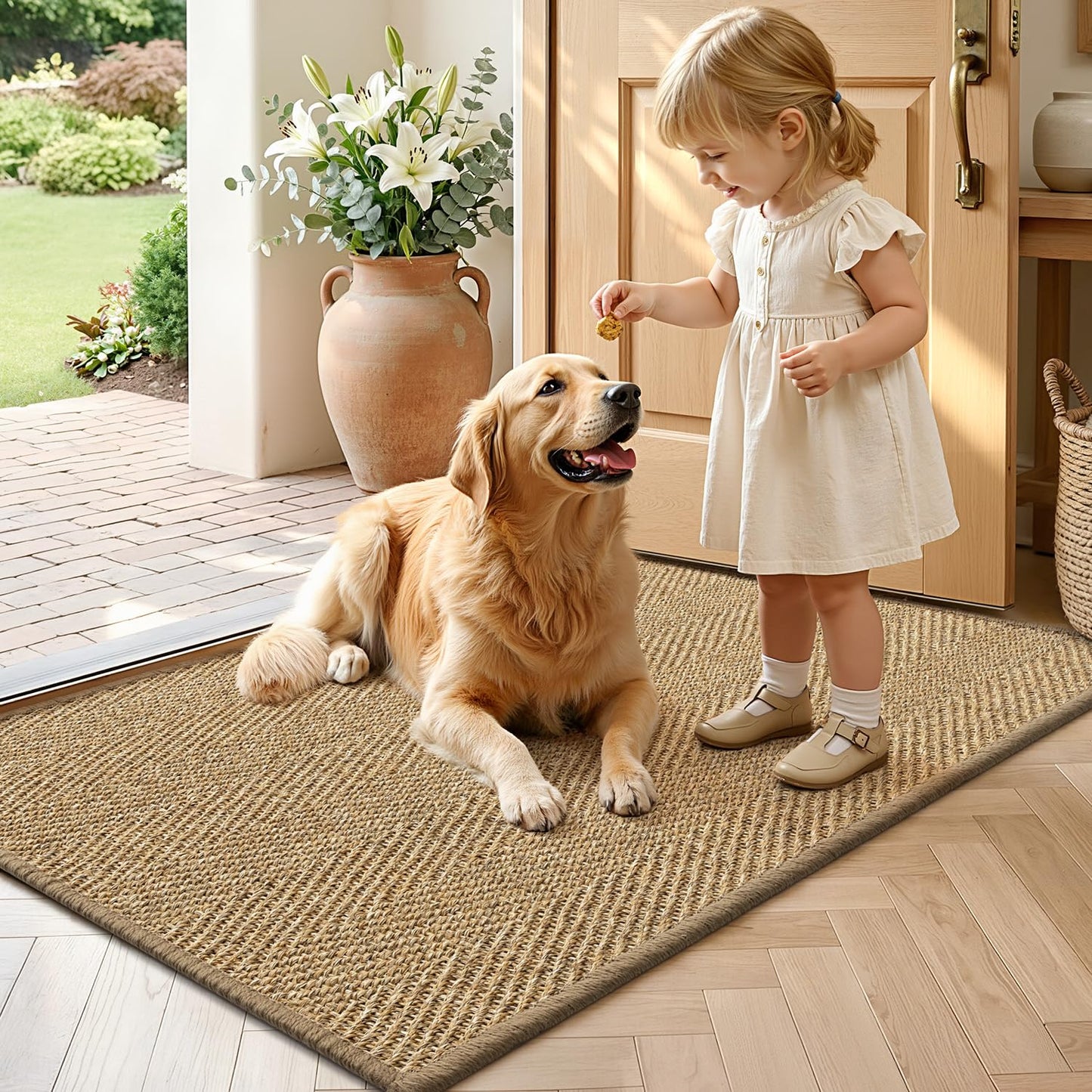 LUMI Handwoven Sisal Door Mat, Non-Slip Durable Entryway Mat, Welcome Front Doormat, Solid Floor Mats for Entrance, 24"x36", Brown Herringbone Sisal