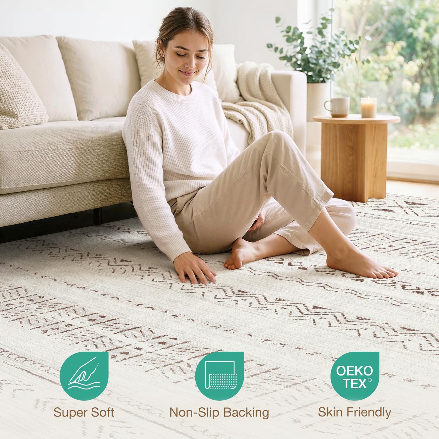 cotiled 8x10 Area Rugs Living Room Rug: Washable Boho Rugs with Non Slip Backing Large Soft Indoor Stain Resistant Carpet for Bedroom Farmhouse Dining Room Lightweight Home Decor L Brown/Cream