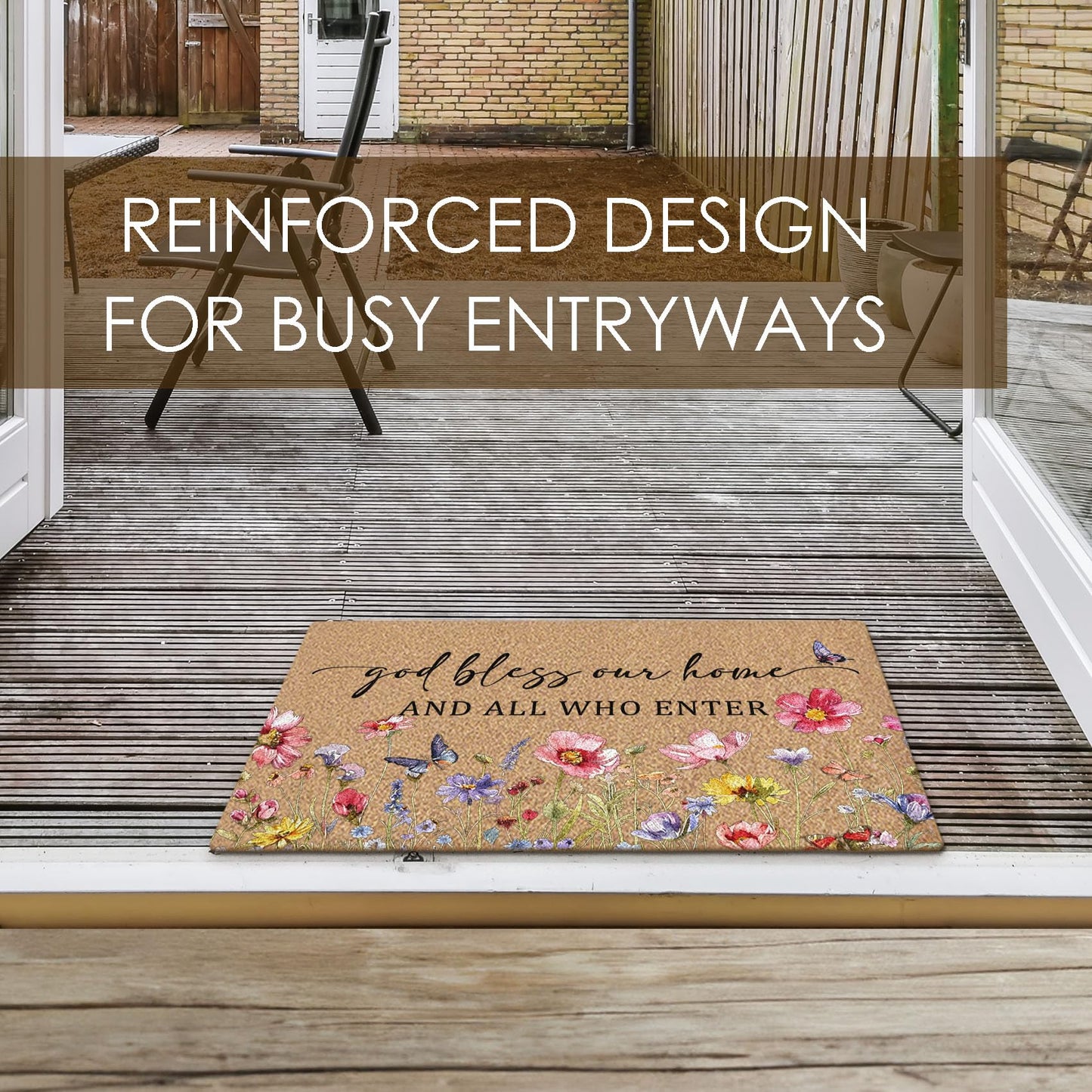 BitKAM Christian Floral Coco Coir Doormat Door Welcome Mat for Home Entrance Front Door, God Bless This Home All Who Enter, Bible Verse Wildflower Floor Mats for Outdoor Outside Entryway 30x17 Inch