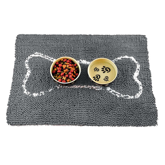 Soggy Doggy Slopmat Dog Food Mat – Absorbent Microfiber Chenille Pet Feeding Mat for Food & Water Bowls, Muddy Paws Small Doormat, Non-Slip, Machine Washable Rug – Gray/Light Gray Bone, 18” x 24”