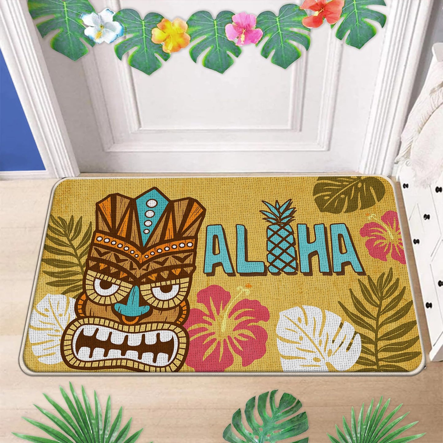 Tailus Aloha Summer Tiki Kitchen Rugs Set of 2, Tropical Palm Leaves Yellow Blue Kitchen Mats Decor, Hawaii Hibiscus Flower Pineapple Seasonal Floor Door Mat Home Decorations -17x29 and 17x47 Inch
