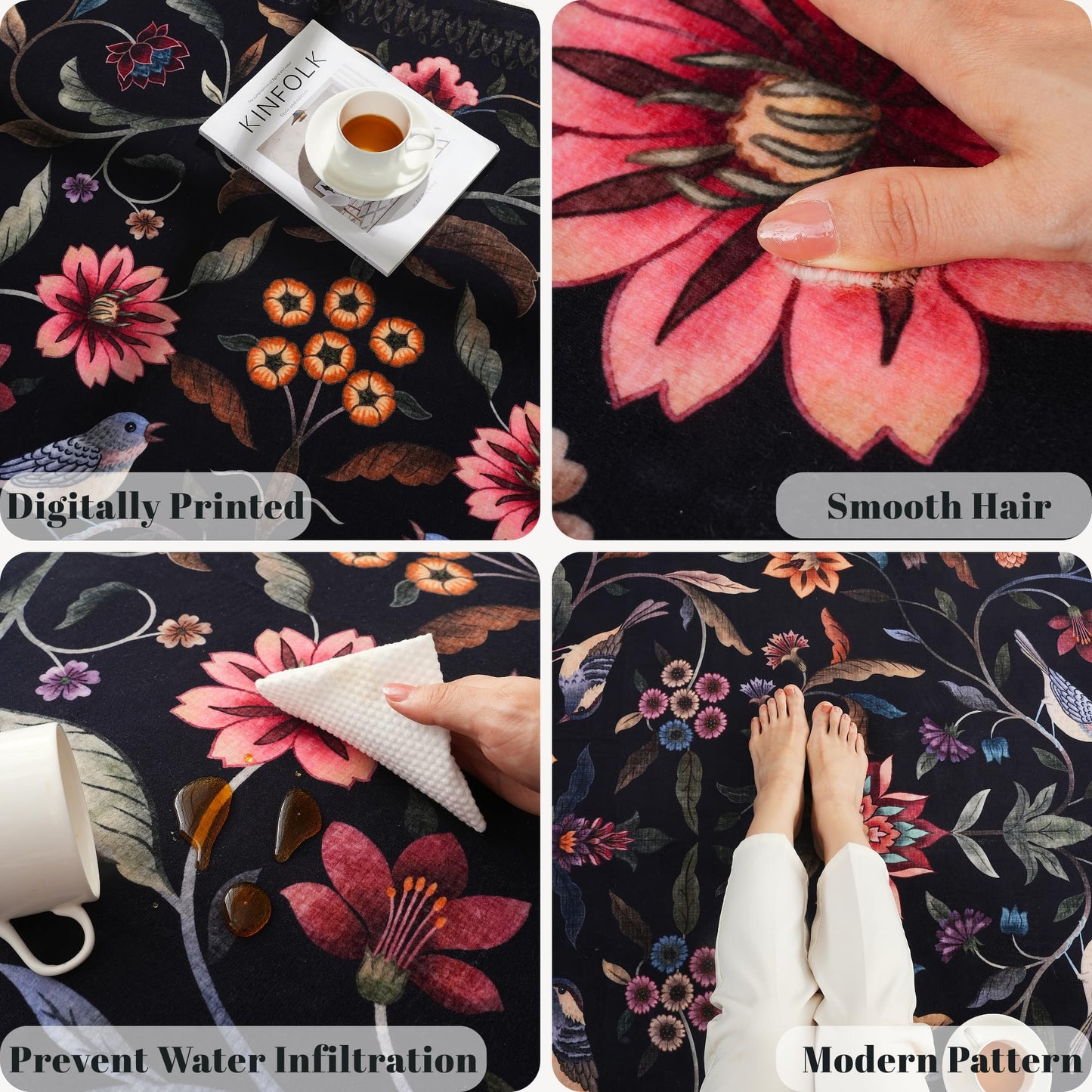 Vowkten Vintage Medallion Floral 3x5 Washable Rug, Soft Low Pile Area Rug, Non-Slip Carpet for Bedside, Bedroom, Bathroom, Entryway, Kitchen, Office, Kids/Girls Room | Black