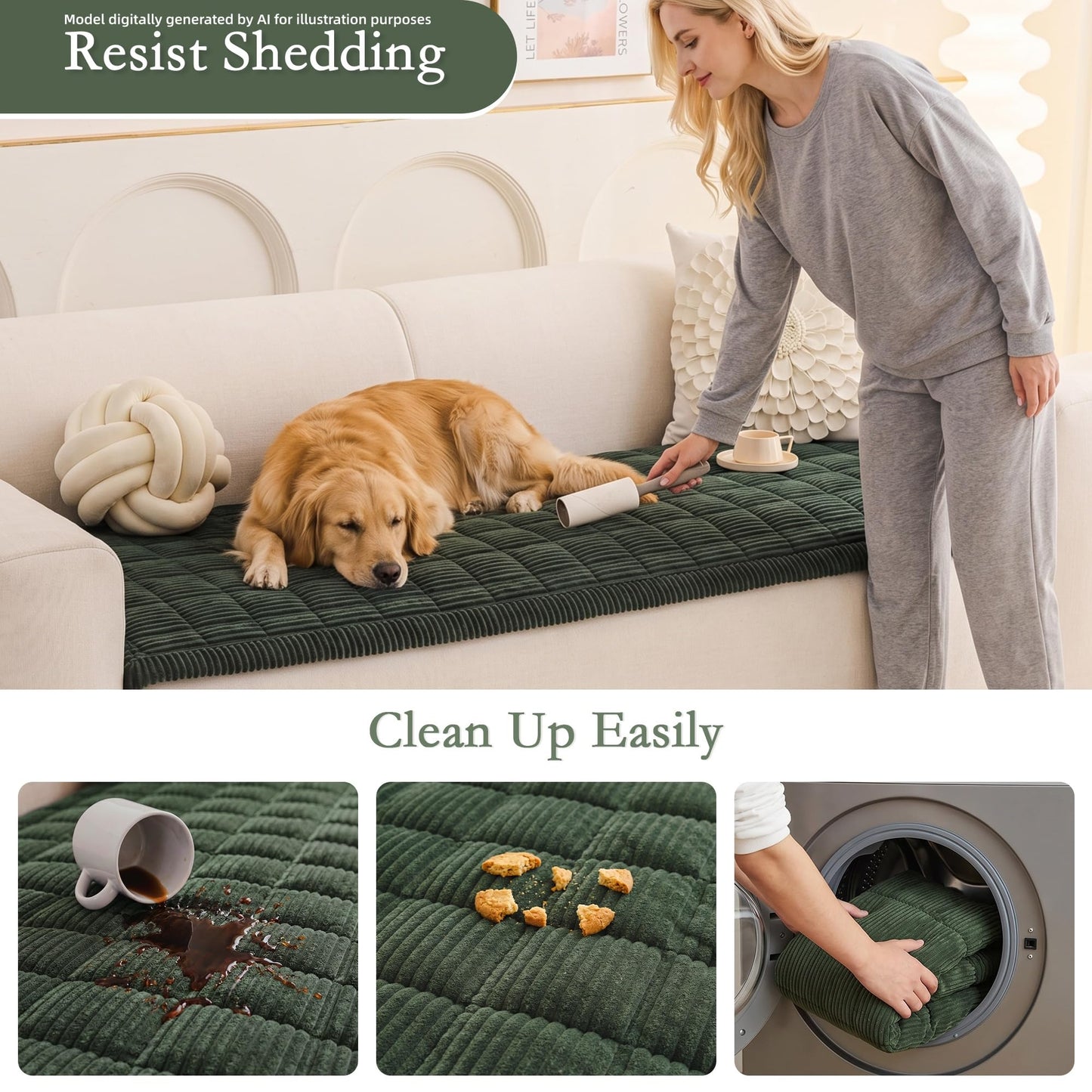 MEETSKY Couch Cover for Dog Washable, Non-Slip Sofa Protector Pet Friendly Sofa Covers for 2 Cushion Couch Soft Furniture Covers for Loveseat Dog Mats for Couches, 27.6" x 59", Moss Green