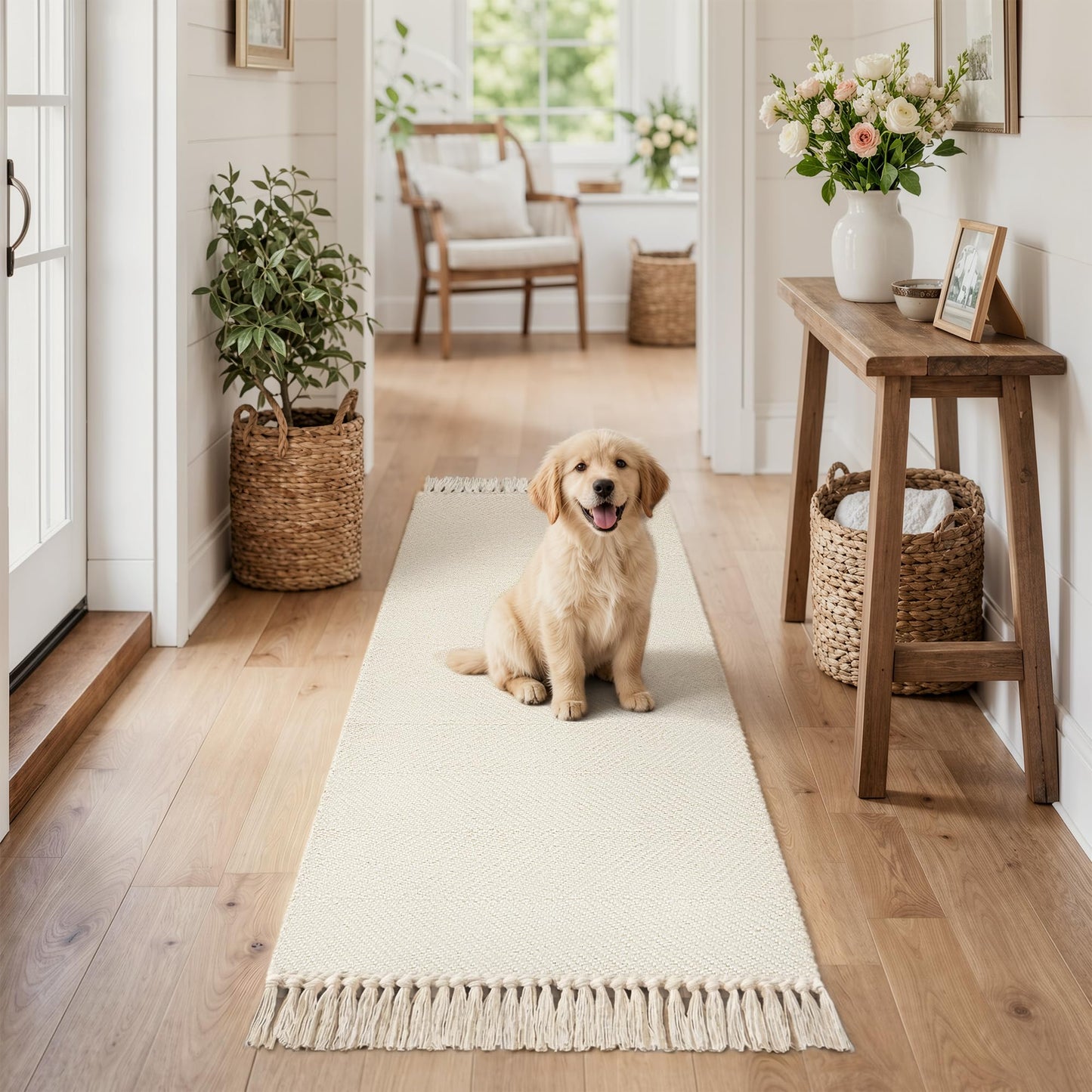 Collive Bathroom Runner Rug, 2' x 5' Modern Farmhouse Kitchen Runner Rug Hand-Woven Entryway Rugs Runners for Hallway, White Boho Washable Laundry Carpet Indoor Front Door Mat for Bedroom Decor