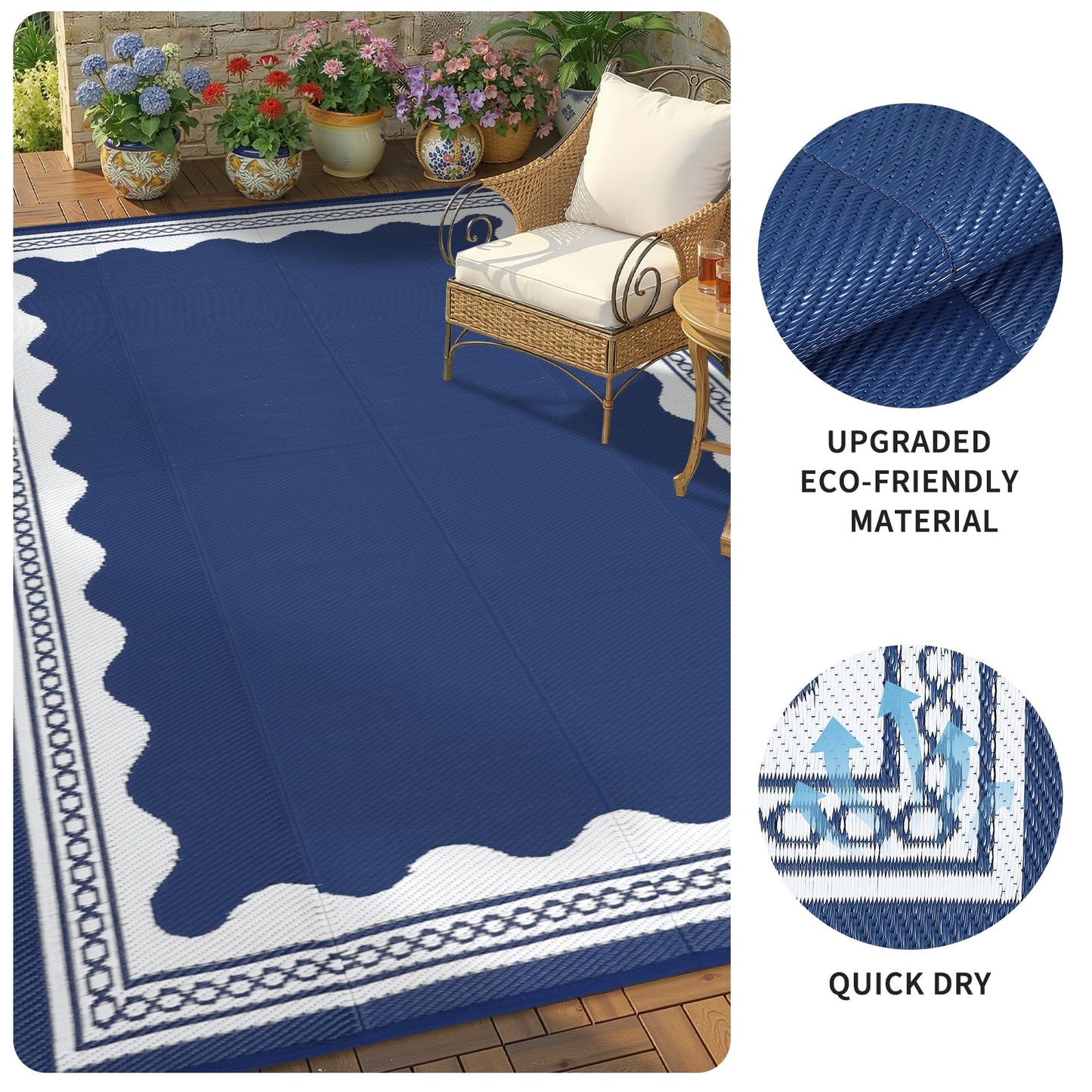 Garvee Outdoor Rug 5x8 Scalloped Waterproof Patio RV Outdoor Rugs Reversible Foldable Plastic Straw Rug Modern Camping Carpet for Deck Camper Porch Balcony Backyard Picnic Beach Dark Blue