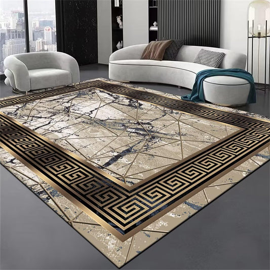 Greek Key Marble Area Rug 5x7ft, Gold Black Grey Blue Geometric Low Pile Carpet, Non-Slip Washable Stain Resistant Floor Mat, Modern Glam Abstract Border Design for Living Room, Bedroom, Office