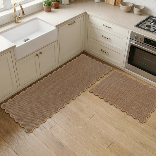 KIMODE Kitchen Rugs and Mats Set of 2,Scalloped Kitchen Mats for Floor,Non Slip Washable Farmhouse Kitchen Runner Rug,Absorbent Braided Kitchen Sink Mats for Kitchen Decor,17"x29"+17"x47",Brown