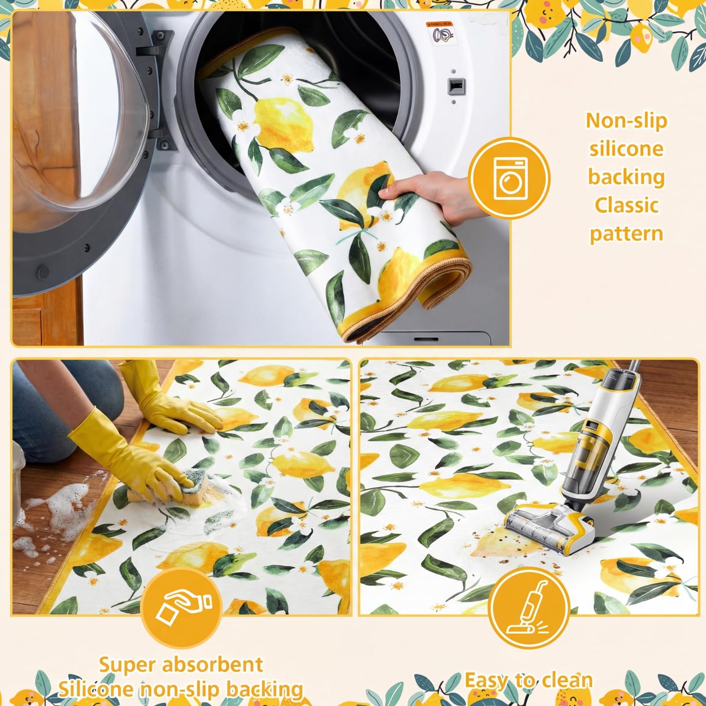 Sliner White 2 Pcs Lemon Kitchen Mats Lemon Kitchen Rugs for Floor Washable Soft Non Slip Carpet for Bathroom Sink Laundry Decor, 17" x 30" + 17" x 47"