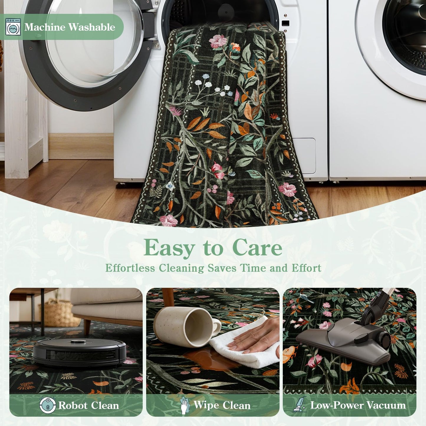 Morebes Floral Washable Rug Runners for Hallways Non Slip, Flower Kitchen Runner Rug 2x6, Boho Botanical Ultra-Thin Soft Floor Carpet for Bathroom Entryway Laundry Room, Black