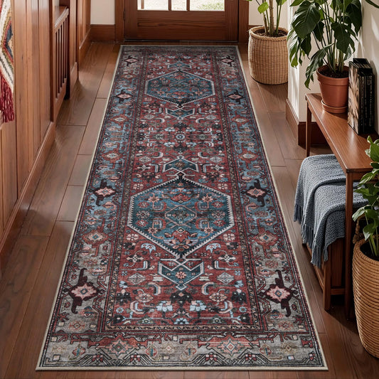 SERISSA Oriental 2x5 Washable Runner Rug Non Slip, Vintage Dark Red Rug Runners for Hallway, Boho Soft Low Pile Tribal Rust Carpet Runner for Foyer Entryway Kitchen Bedroom Laundry Room Living Room