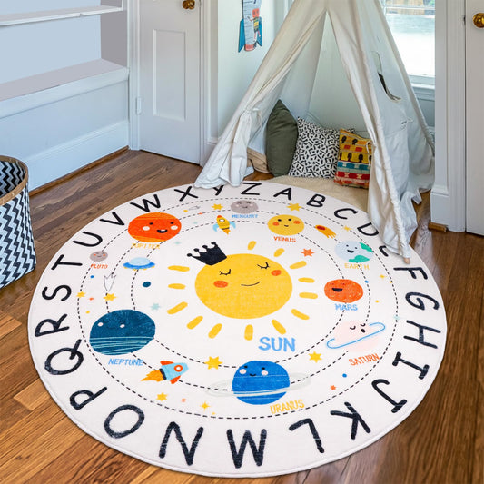 LTKOUGFAM Round ABC Space Kids Rugs,4 ft Non-Slip Solar System Alphabet Rugs, Washable Rug, Soft Plush Educational Circle Rug for Classroom playroom Bedroom Kids Room Decor(for Age 2+)