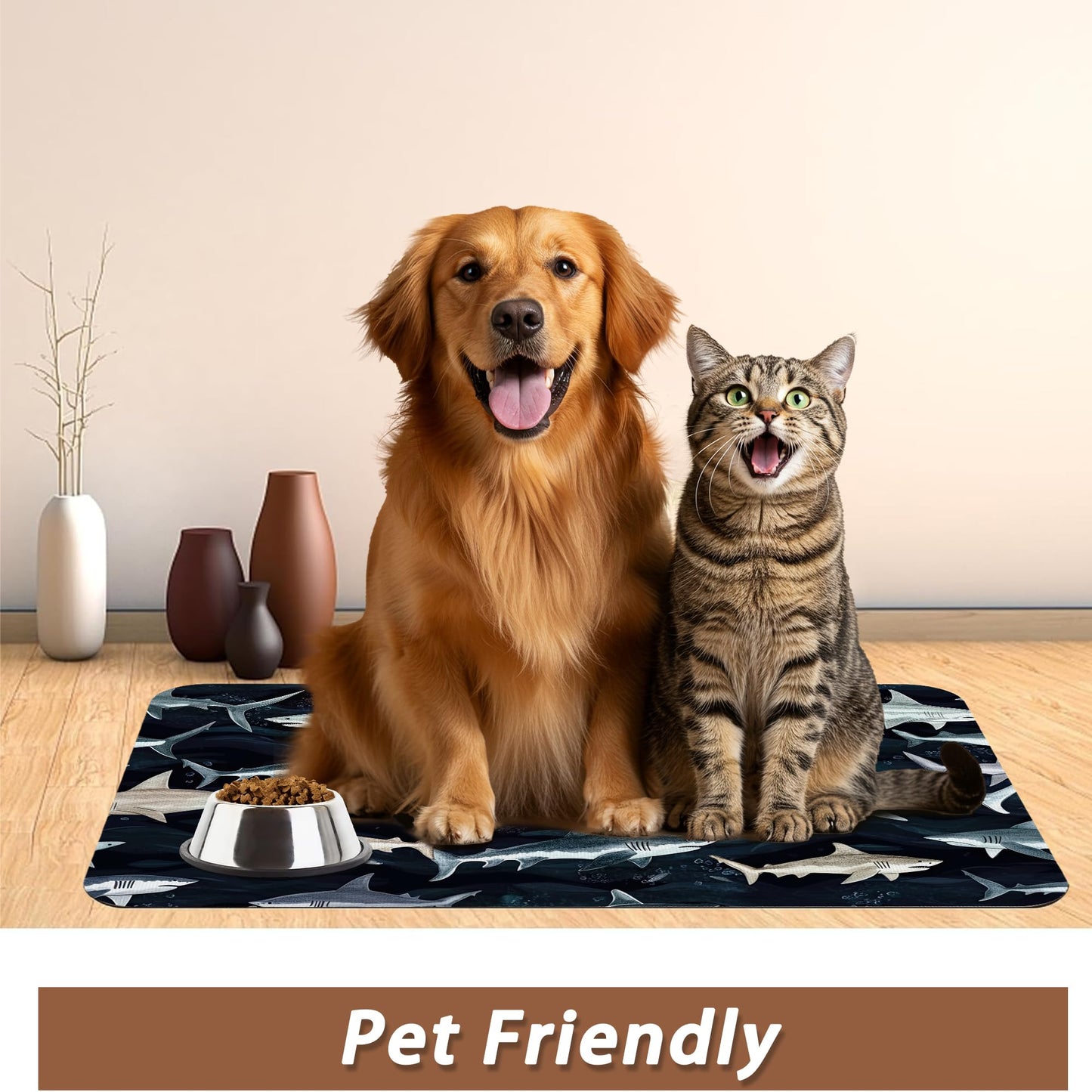 Cute Shark Dog Cat Food Mat,Absorbent Pet Feeding Mat with Rubber Backing,Non-Slip Water Bowl Placemat,Indoor Pet Accessories Supplies 16"x24"