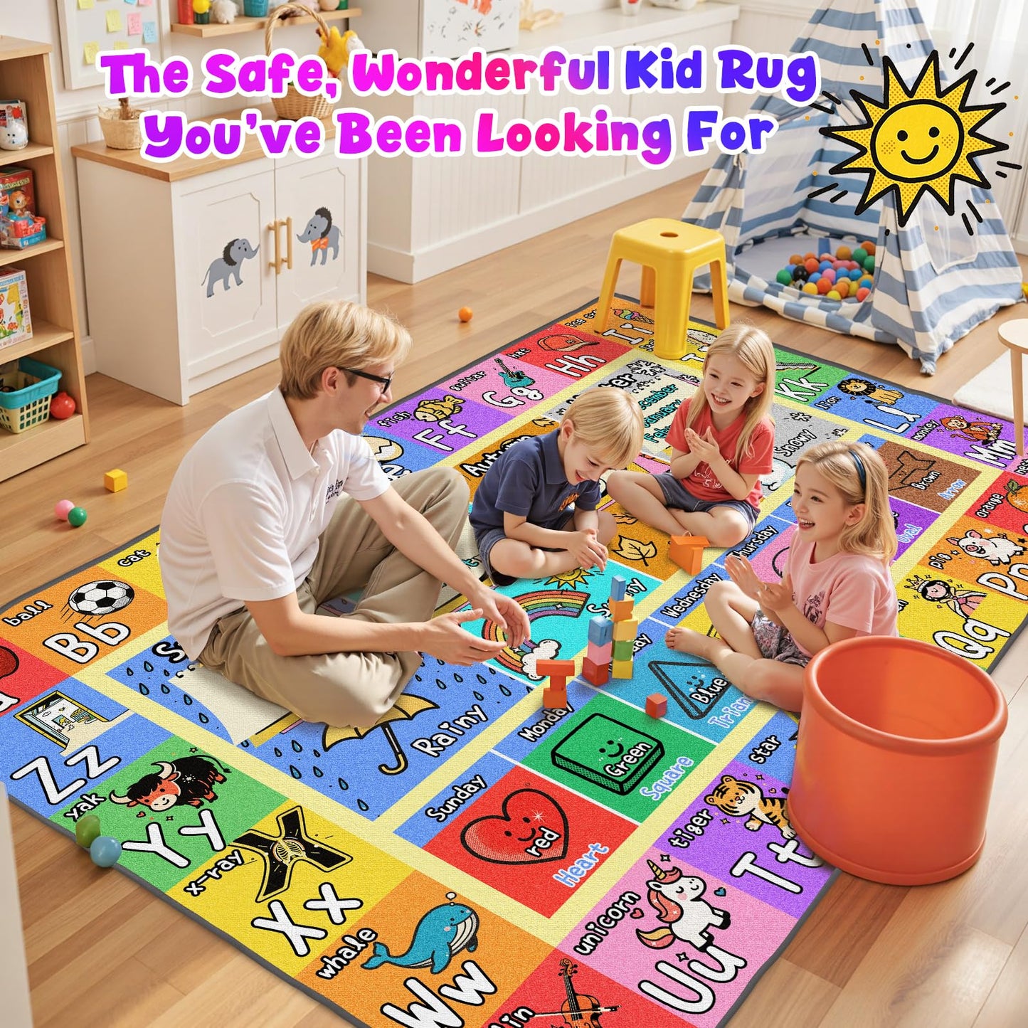 ABC Kids Playroom Rug 4x6 - Soft & Non-Slip Educational Play Mat, Preschool Classroom, Daycare Rug with ABCs, Colors, Shapes, Seasons, Washable Playmat for Toddler Nursery & Kids Room (48x72 Inch)