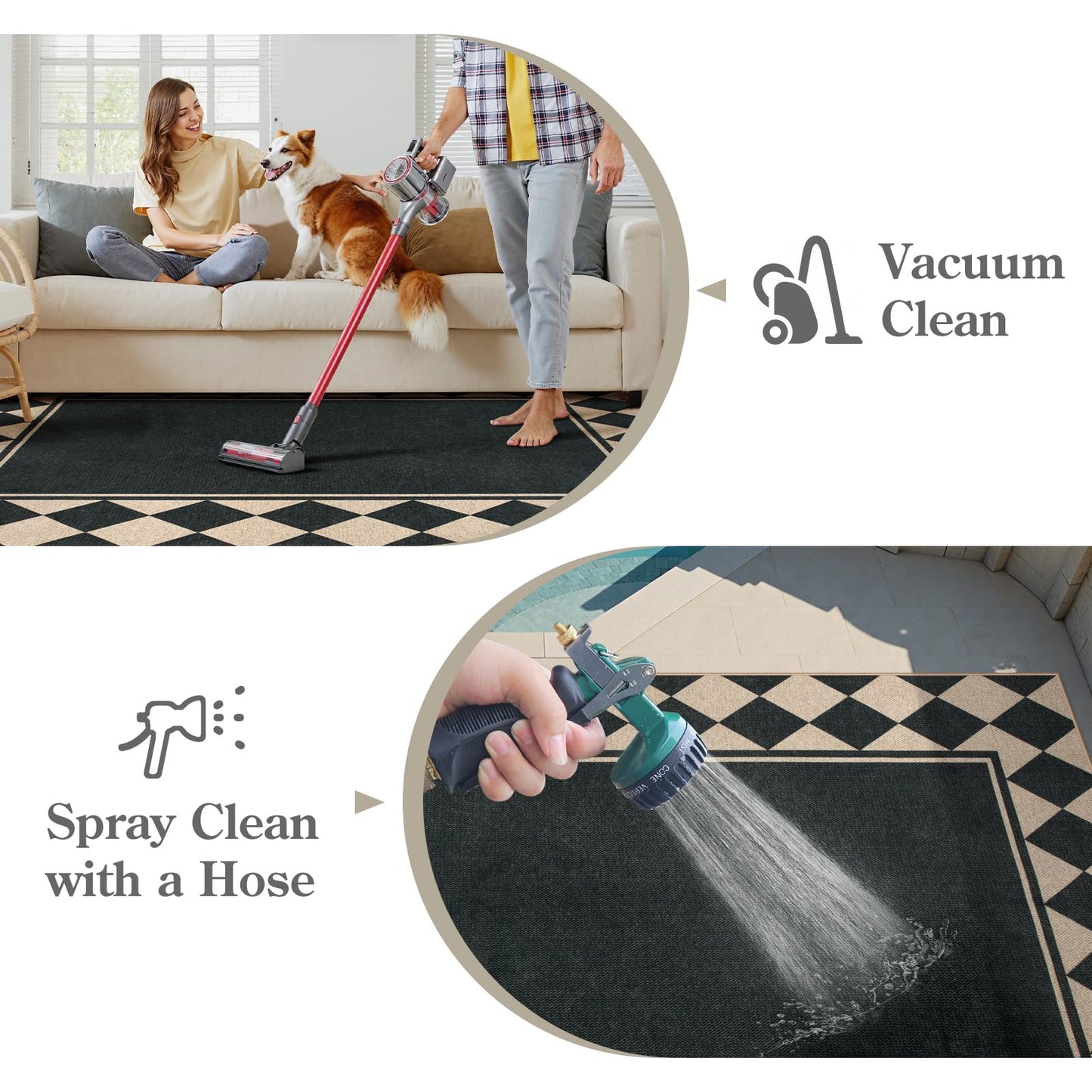 Moynesa Checkered Easy Jute Outdoor Patio Rug 3x5, Washable Indoor Outdoor Rugs for Entryway Non Slip, Farmhouse Carpet for Living Room Bedroom Kitchen Backyard Porches, Black Grid Pattern