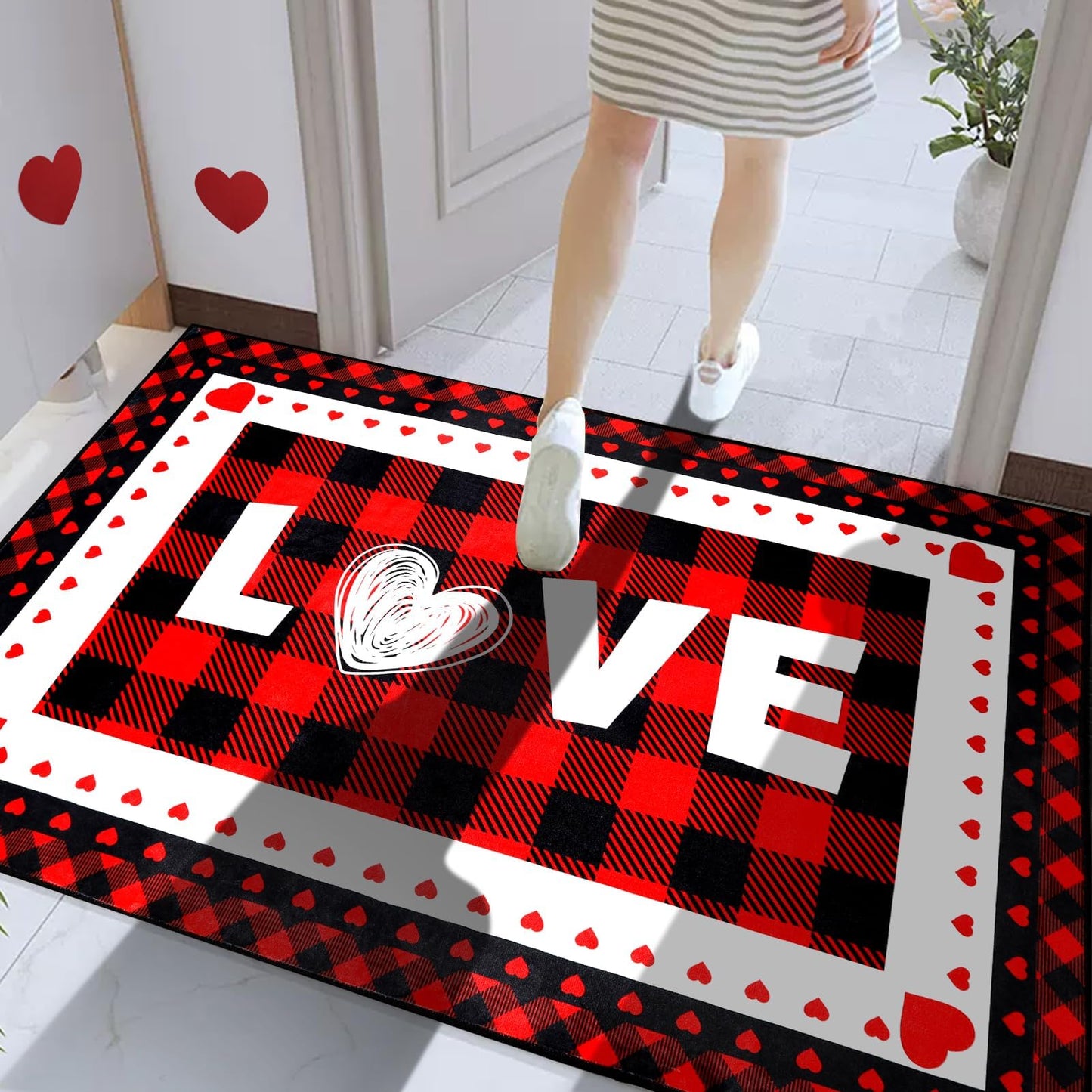 Svepndic Valentine's Day Mat 32"x48" Non Slip Holiday Floor Mat,Welcome Doormat Red Front Door Rug,Washable Entrance Door Mats Low Profile Buffalo Plaid Rug Love Heart Decorative Doormat