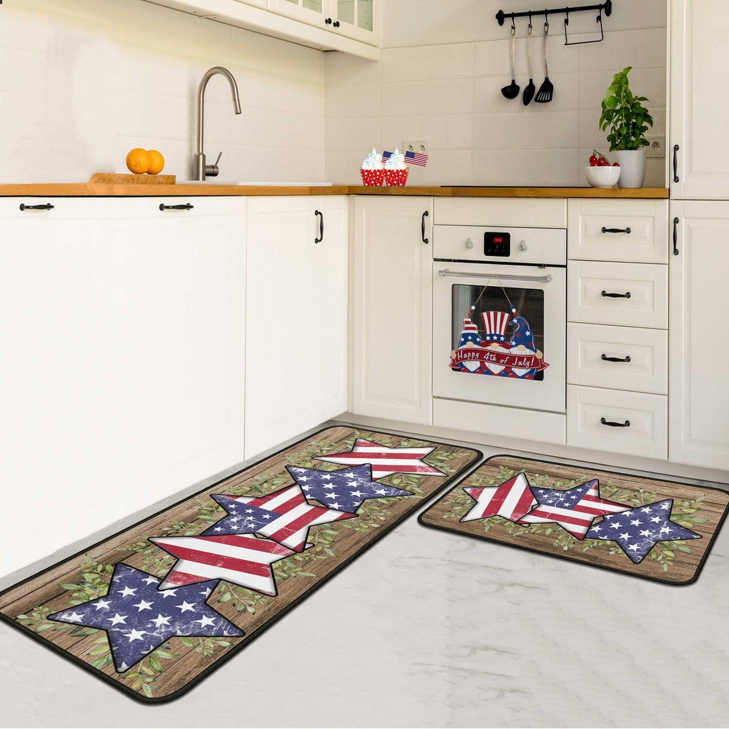 4th of July Kitchen Rugs Set of 2, Blue American Flag Stars Rug Forth of July Decorations Non Slip Backing Patriotic Kitchen Mats for Floor Memorial Day Home Decor (4th of July 2, 17"x47.2"+17"x30")
