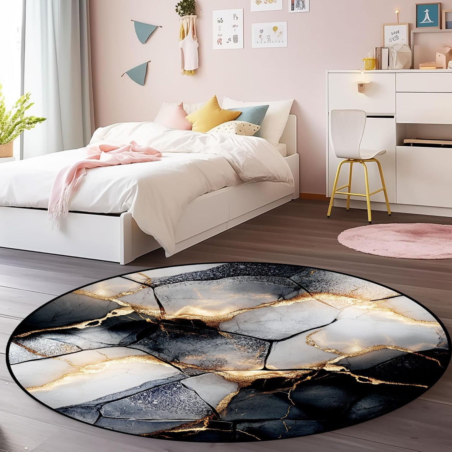 Modern Abstract Round Area Rug, 4ft Stylish Artistic Beautiful Gray Marble Design Indoor Floor Mat. Machine Washable, Non-Slip, and Shed-Resistant Low-Pile Circular Carpet for the Living Room