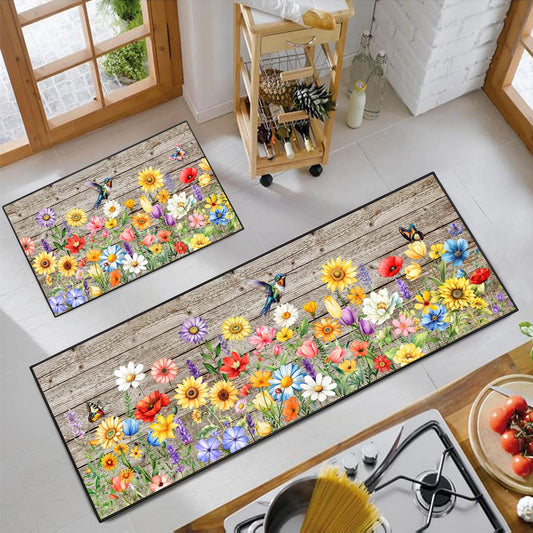JWXCBIM Colorful Flowers Kitchen Rug 2 Piece Set, Farmhouse Rustic Vintage Style Decor Kitchen Rugs, Absorbent Washable Non-Slip Floor Mats, Home Indoor Runner Carpet