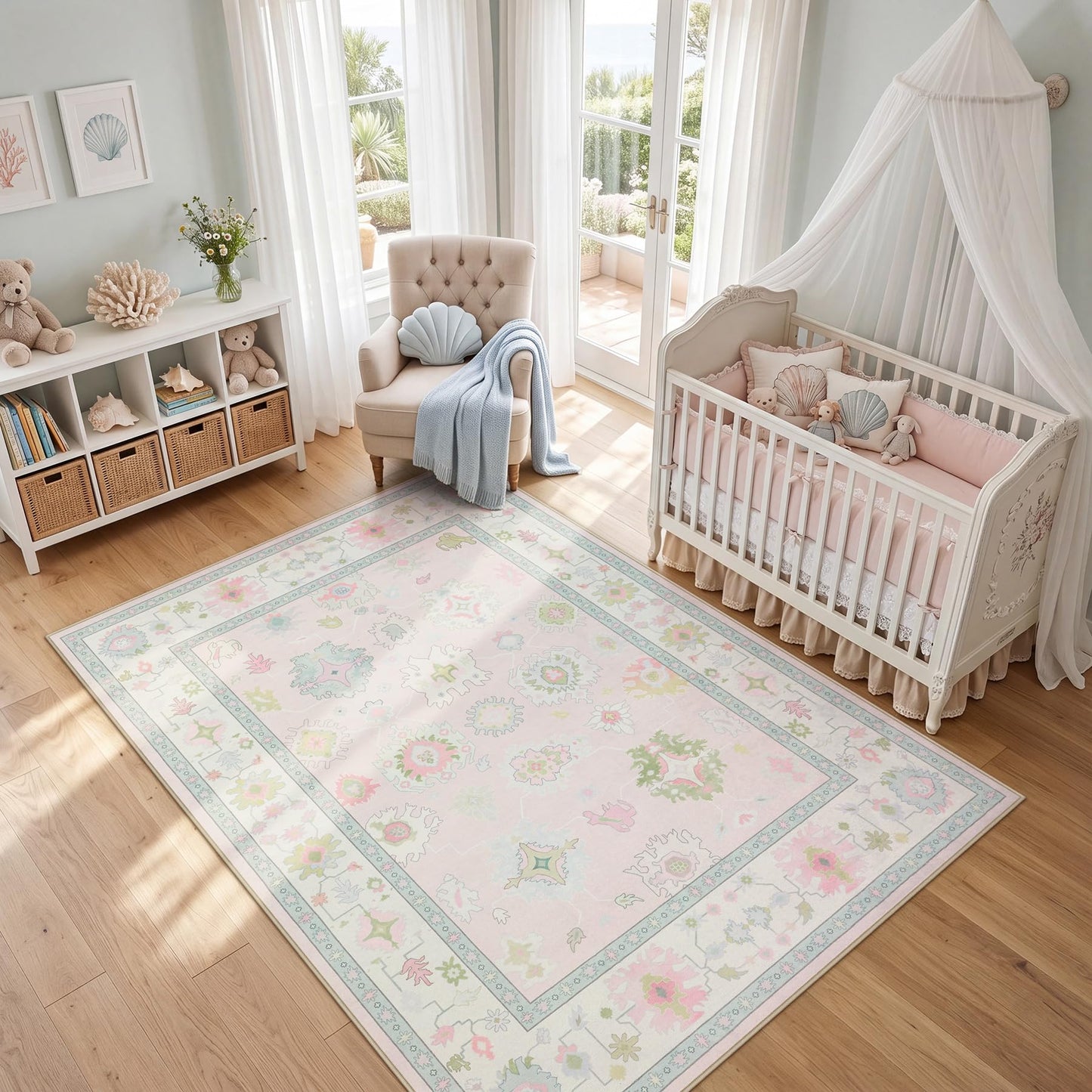Tribesigns Boho Oushak 5x7 Washable Area Rug for Girls Bedroom, Soft Pastel Pink Nursery Rug Living Room, Oriental Floral Non-Slip Ultra Thin Indoor Carpet for Dorm Kids Playroom